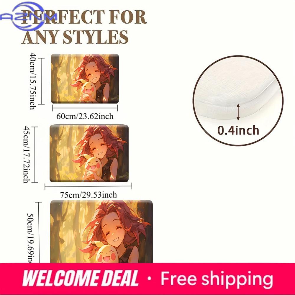 Warm Anime Girl Hugging Happy Pikachu Forest Scene Soft Non Slip Absorbent Home Bathroom Entry Doormat Floor Rug Mat