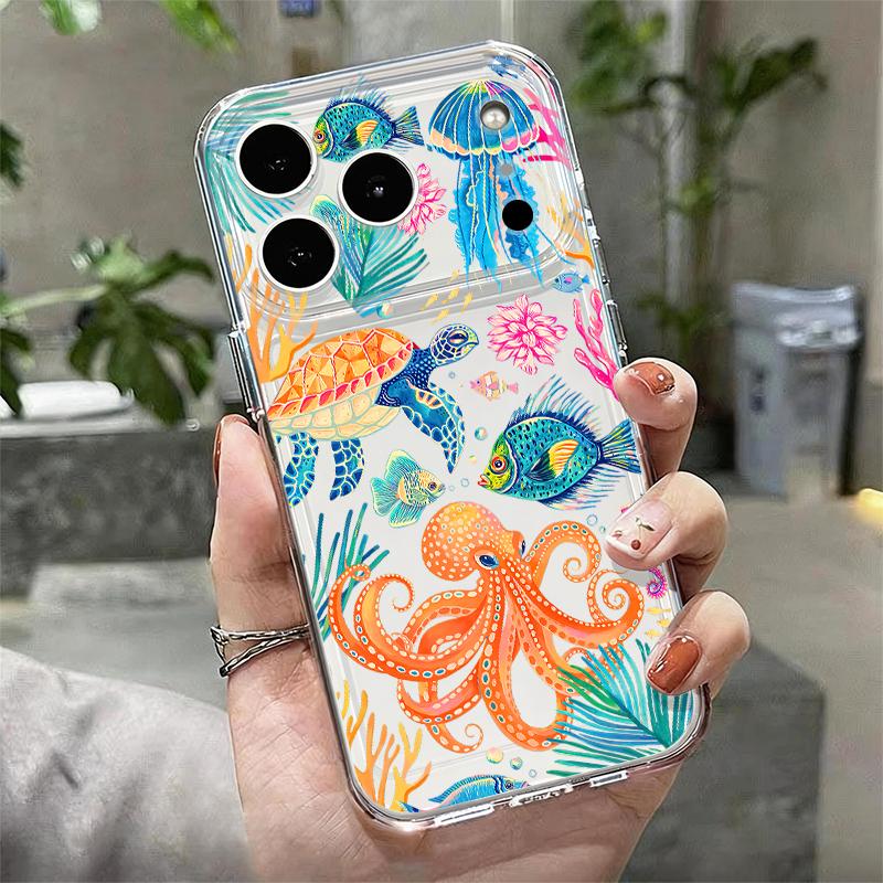 Чехол с рисунком Осьминог и Морская звезда для iPhone 17 Pro Max Coque iPhone 16 15 14 13 Pro Max 11 Прозрачный Мягкий чехол из ТПУ Силикона