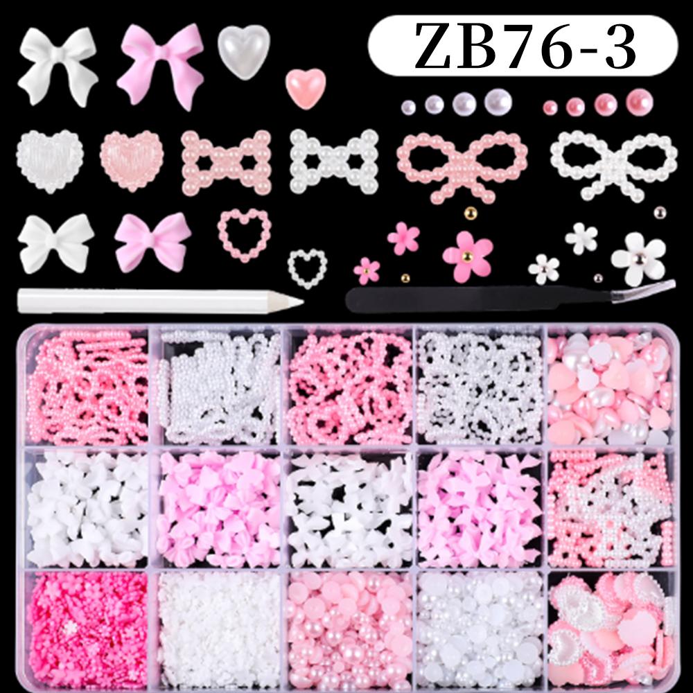 Kawaii Colorful Mixed Resin Rhinestone Nail Art Charms Bowknot Pearls Kit DIY Manicure Decorations Box With Wax Pen Tweezers