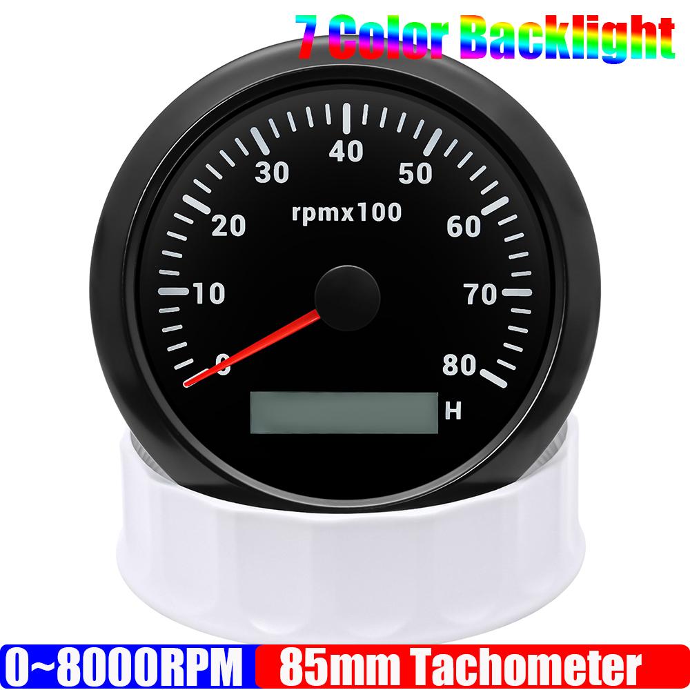 85MM Diesel Engine Tachometer 3000/4000/6000/8000 RPM Gauge REV Counter with Digital Hourmeter 7 Color Backlight 12V 24V