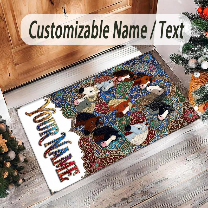 Horse Theme Crystal Velvet Floor Rug Personalized Custom Name Text Warm Carpet Home Decoration