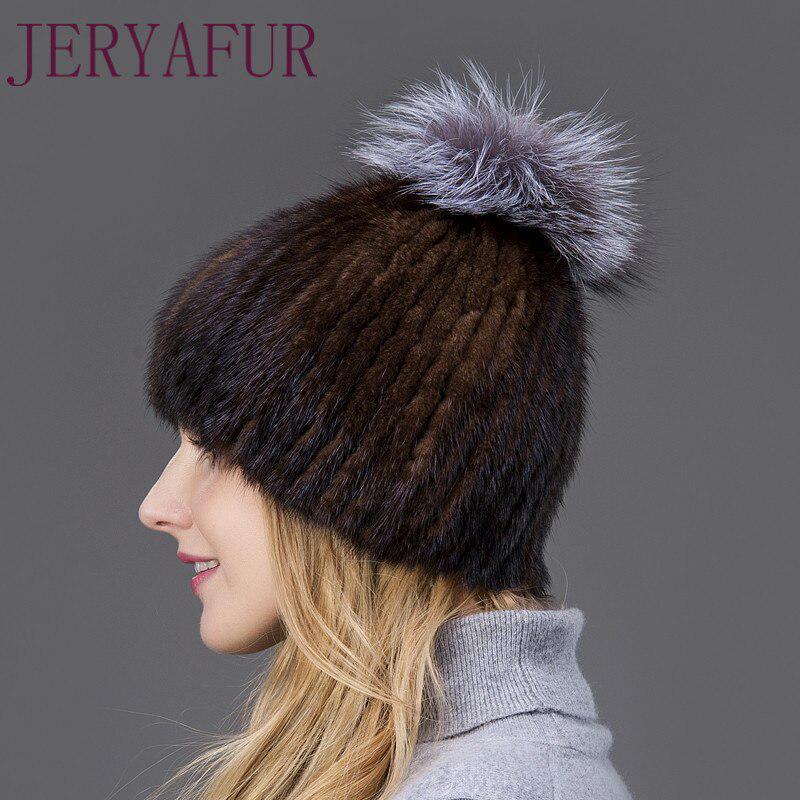 JERYAFUR Модная зимняя шапка, теплая женская вязаная шапка, норковая шапка с вертикальным тканым лисьим помпоном, лыжная шапка