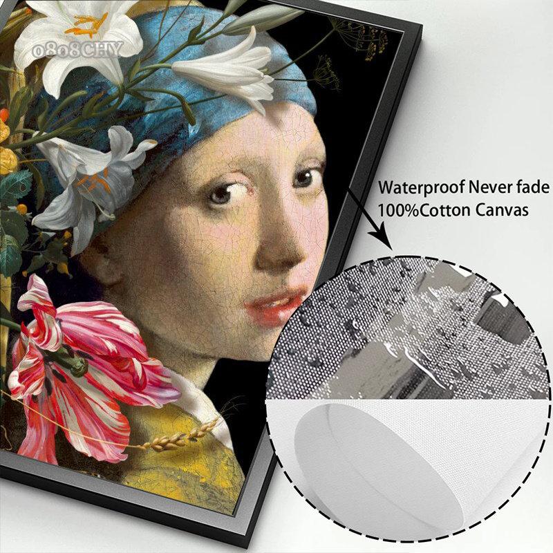 Знаменитый портрет Моны Лизы, девушки с жемчугом и цветами, картина маслом, печать на холсте, винтажный настенный постер, Куадрос, настенное искусство