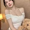 Show breasts pure desire hot girl sexy one-word shoulder short top tight chic suspender neck collarbone short sleeve t-shirt women