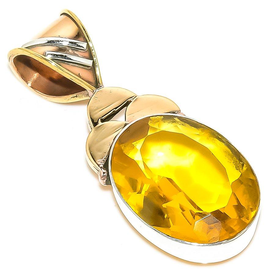 Natural Lemon Quartz TwoTone 925 Solid Sterling Silver Gift Pendant 1.50" i1O10