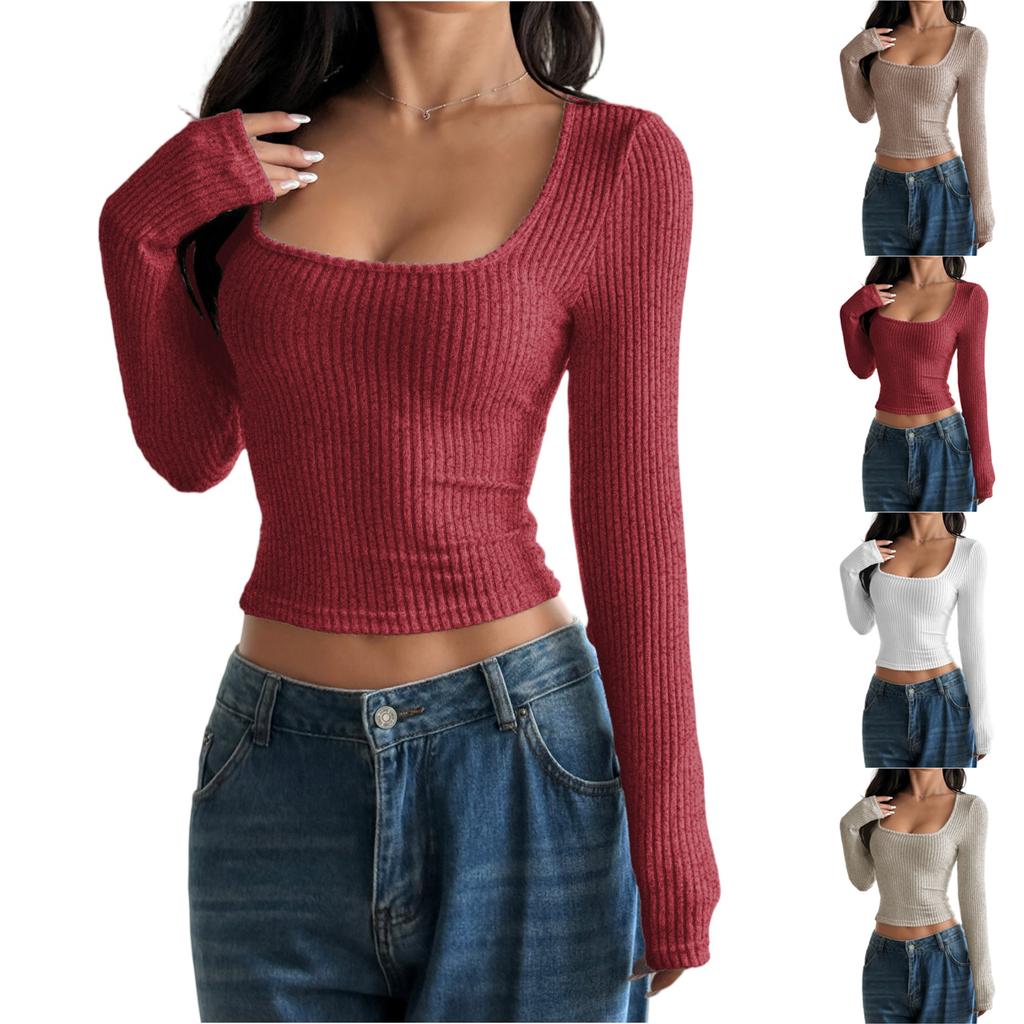 Women's Fashionable Solid Color Long Sleeved Square Neck Slim Fit Sexy Base Shirt T-shirt Top