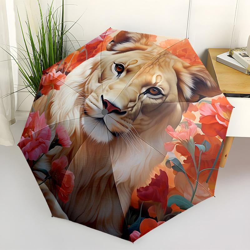1pc Lion Floral Print Automatic Folding Umbrella, Heavy-Duty 8-Rib Construction, Perfect for Everyday yy251114112