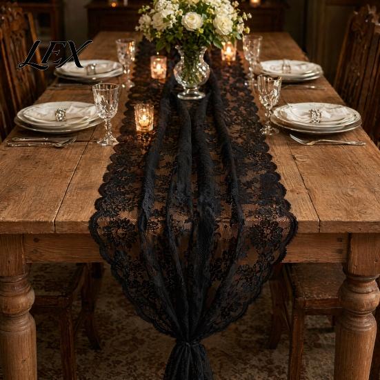Black Lace Table Runner French Runner, & White Vintage for Coffee Cover Table, Shoe Cabinet, Dining Long Rectangular Decorative Tablecloth Home Retro