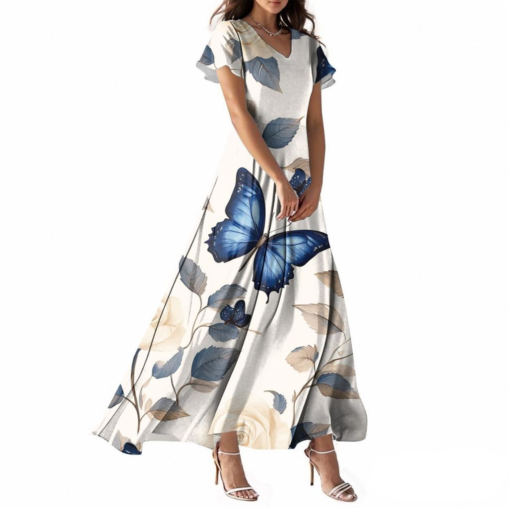 Женское летнее повседневное модное платье с принтом бабочек, V-образным вырезом, коротким рукавом