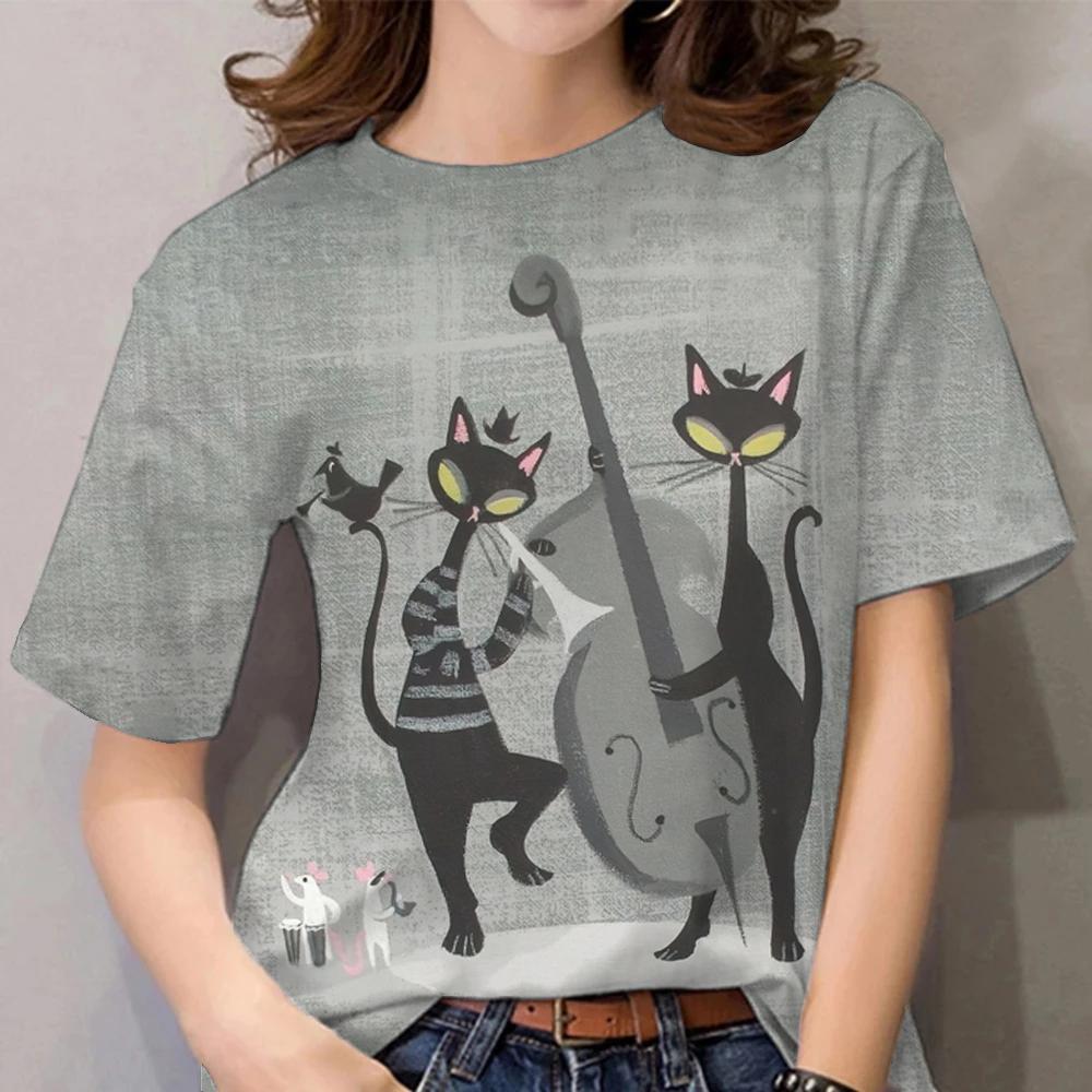 Женская футболка с героями мультфильмов, повседневная одежда с короткими рукавами, топы с кошачьим узором и 3d принтом, футболки, летний пуловер большого размера с круглым вырезом