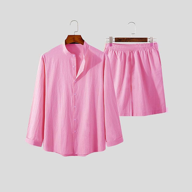 Мужской гавайский костюм, летняя однотонная рубашка с воротником-стойкой и длинными рукавами, пляжные шорты, уличная одежда, комплект из 2 предметов высокого качества