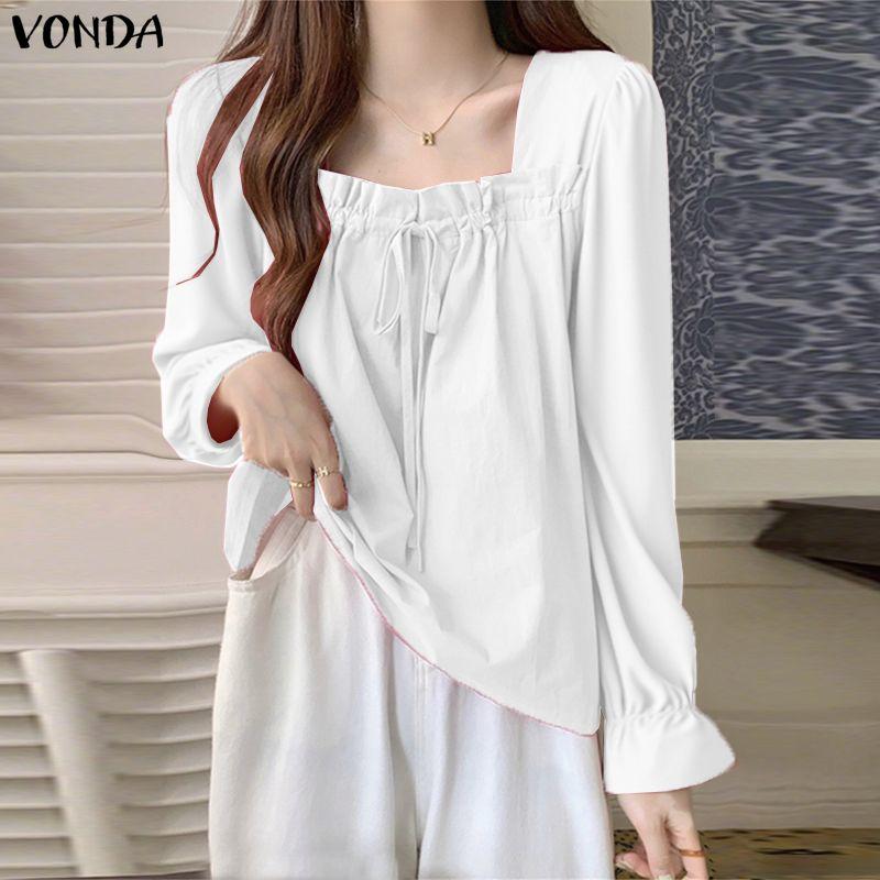 VONDA Женские блузки топы с квадратным вырезом, длинным рукавом, шнуровкой, однотонные, элегантные