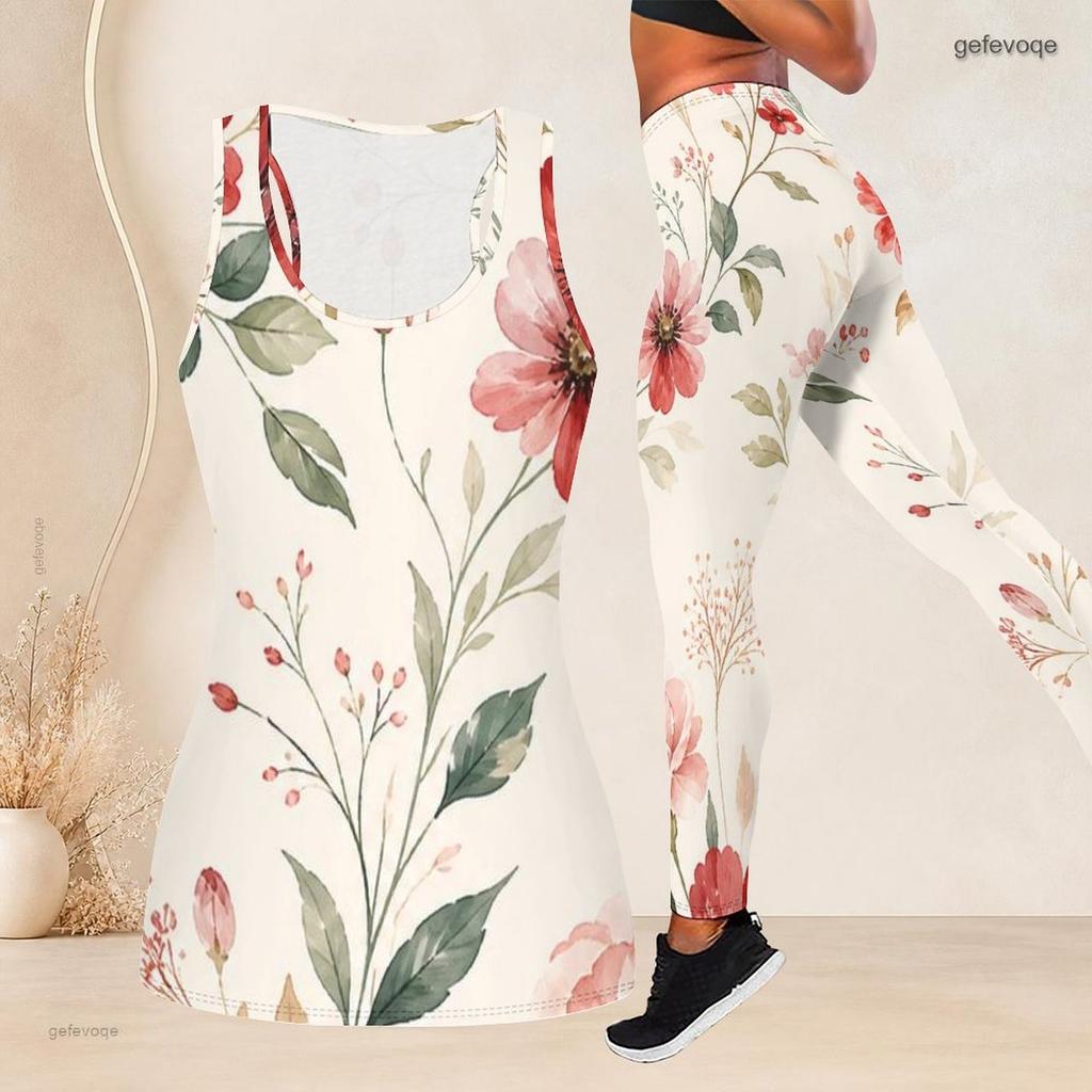 Women Plus Size Floral Printed Two Piece Set Scoop Neck Sleeveless Longline Tank Top Fitted Pants