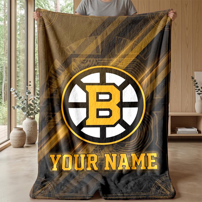 Boston Bruins Custom Flannel Throw Blanket Print Your Name Text Soft Warm Blanket Holiday Present
