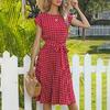 Women Polka Dot Print Midi Dress Crewneck Short Sleeve A-line Dress with Belt Summer Beach Swing Sundress
