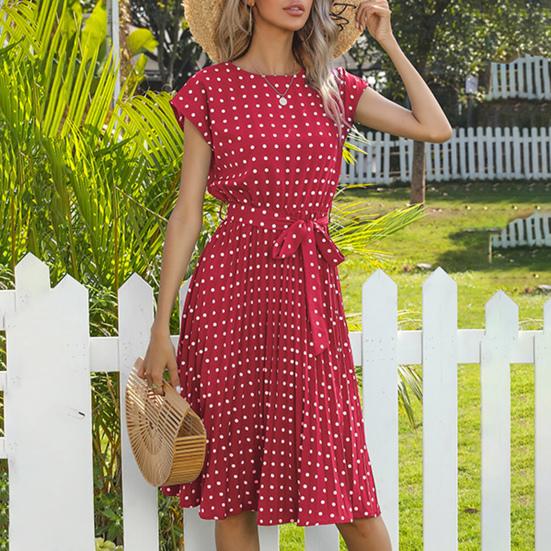Women Polka Dot Print Midi Dress Crewneck Short Sleeve A-line Dress with Belt Summer Beach Swing Sundress
