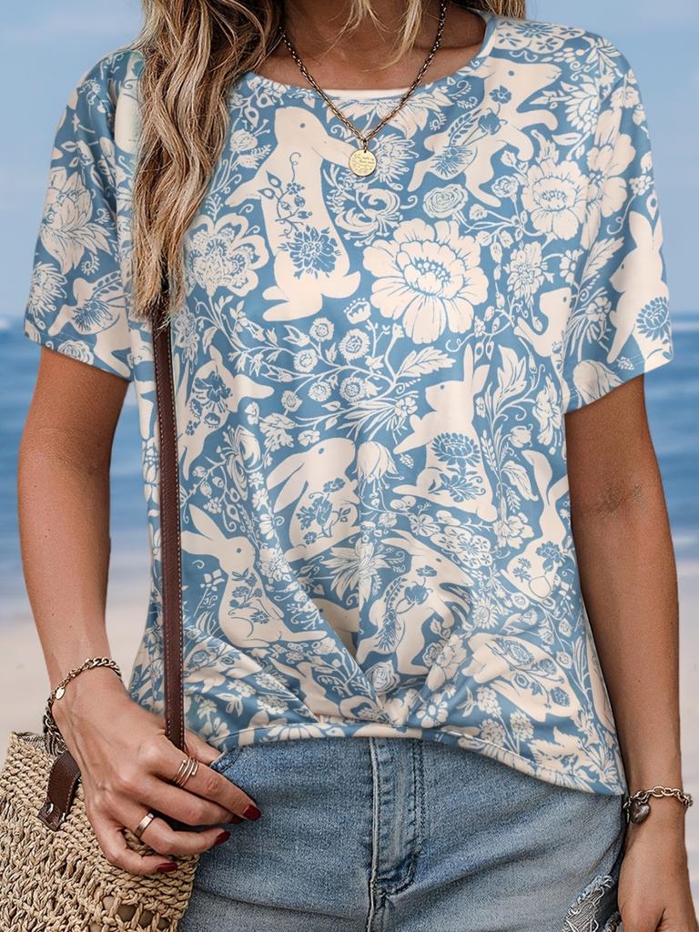 Женская футболка Летняя Повседневная Круглый вырез Короткий рукав 3D принт Цветочный узор Топ Свободная Повседневная одежда Женская футболка