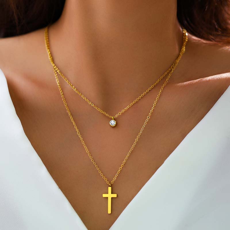 Stainless Steel Gold Color Cross Pendant Necklaces For Women Fashion Metal Double-layer Chain Necklace Jewelry Gift