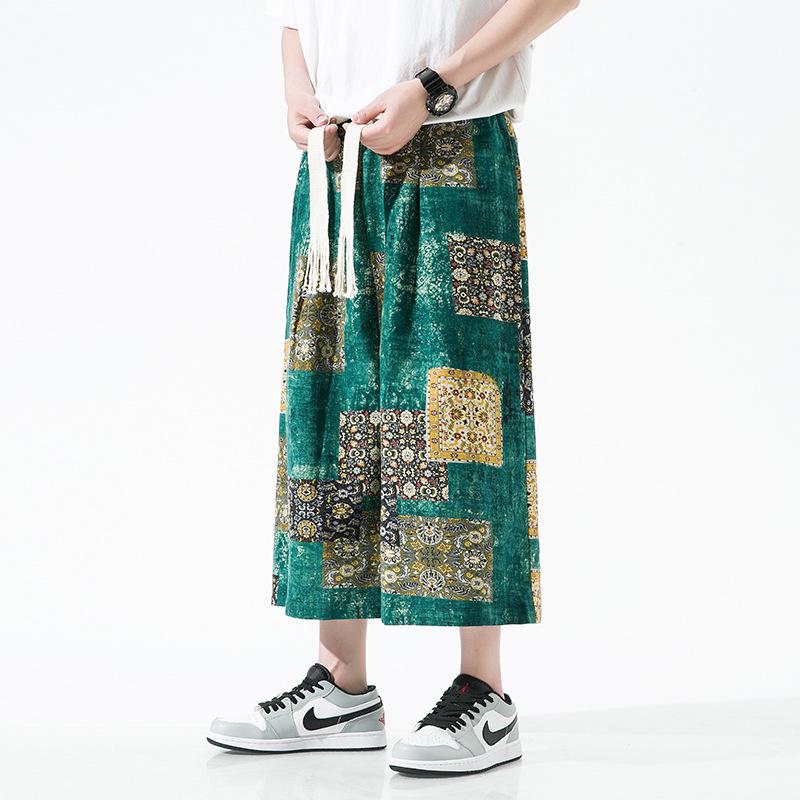 2022 Мужские летние капри из хлопка и льна с китайским принтом, больших размеров, в повседневном стиле с широкими штанинами