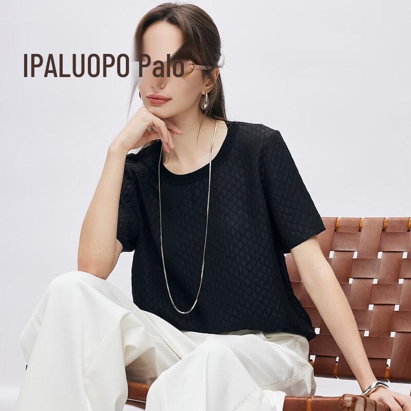 Женская футболка PALUOPO из 100% шелка-туссанти с клетчатым узором Guanle Crepe, с круглым вырезом