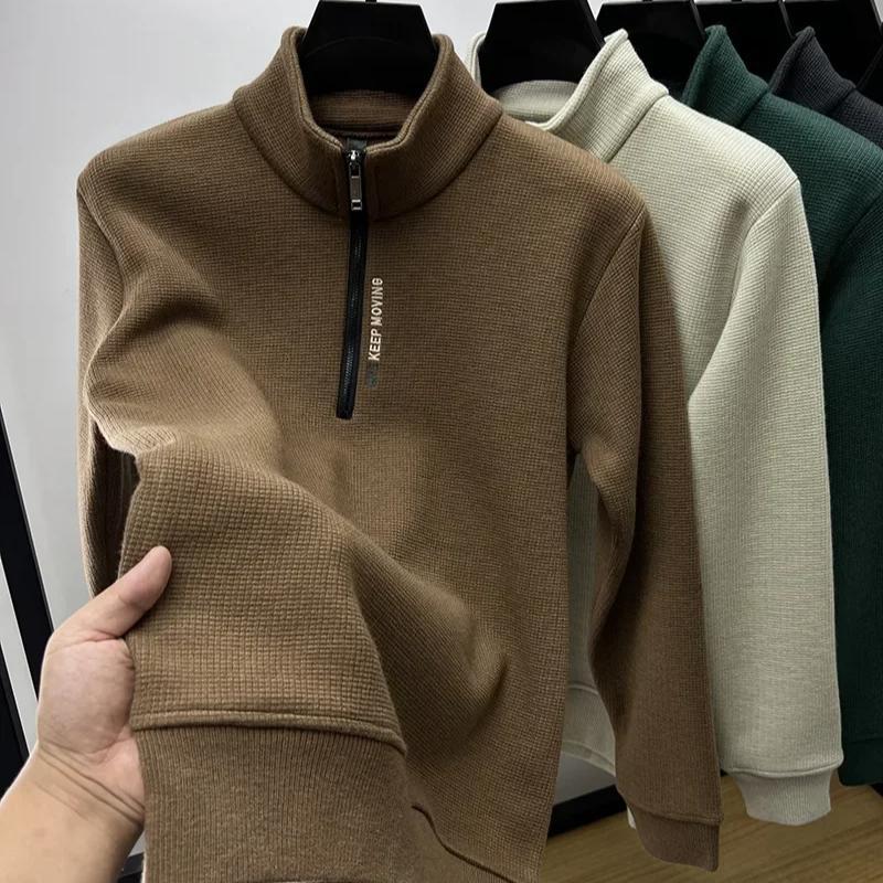 Plus Size Men's Autumn And Winter Sweatshirt Zipper Stand Collar Long Sleeves Thickened Fleece Solid Color Neck Guard Mid-length
