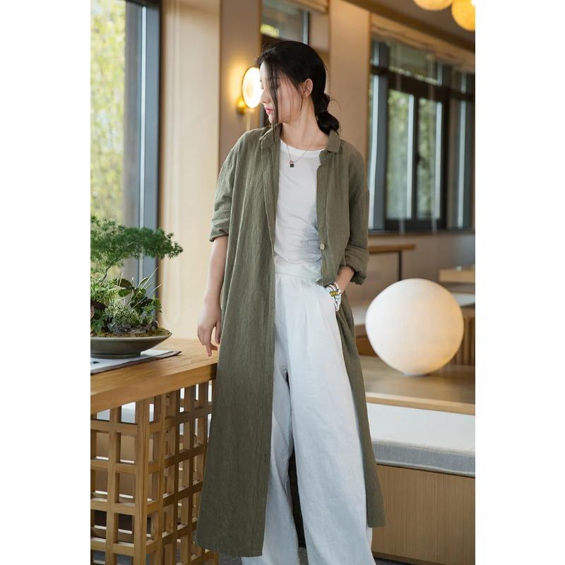 Women Vintage Linen Long Shirts Solid Color Long Sleeve Blouses Spring Button Turn Down Collar Shirt