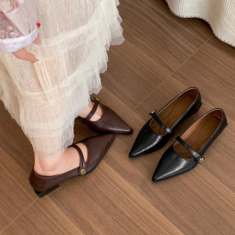 Модные ретро-туфли с заостренным носком и толстым каблуком, женские, весна-осень 2025 года, французские туфли Мэри Джейн, маленькие кожаные туфли