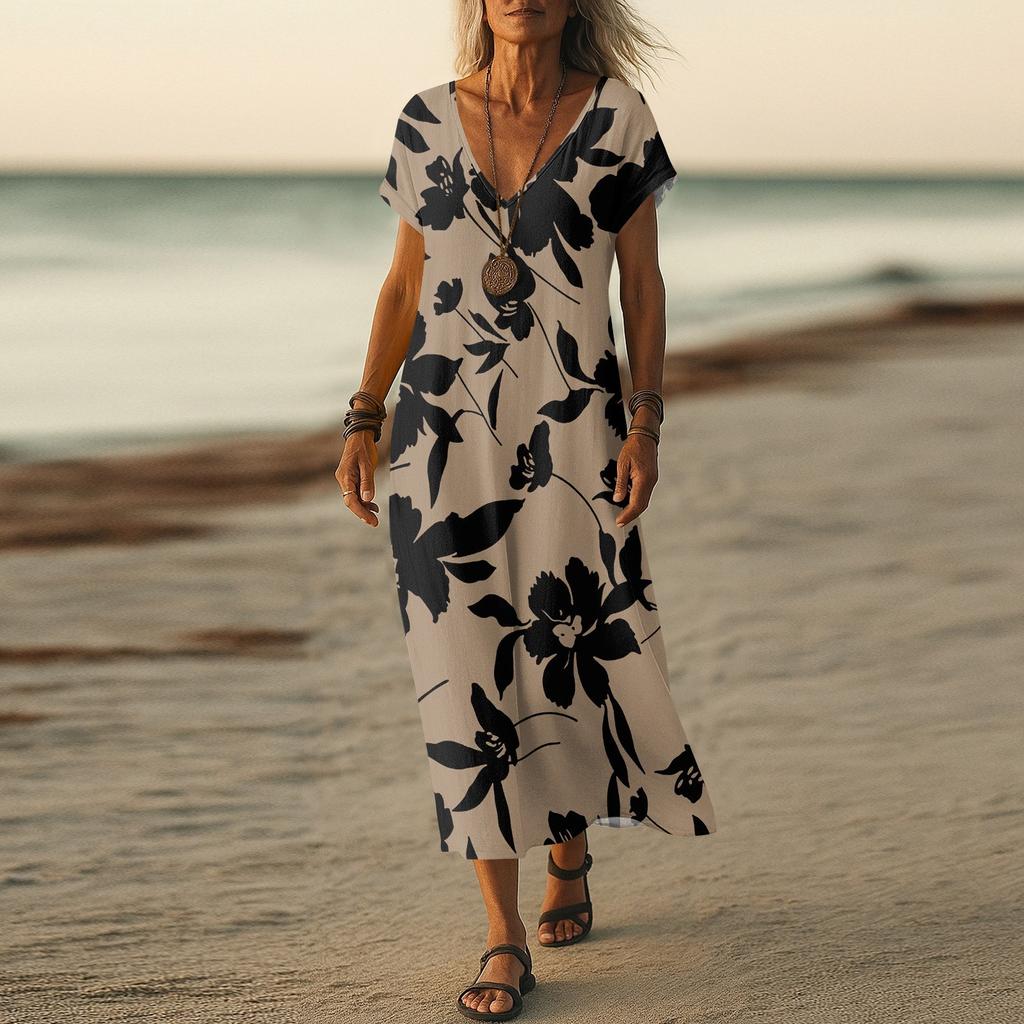 Летнее платье Женское длинное платье бохо для пляжа Элегантное платье макси V-образный вырез Короткий рукав Летнее платье-туника Легкое воздушное