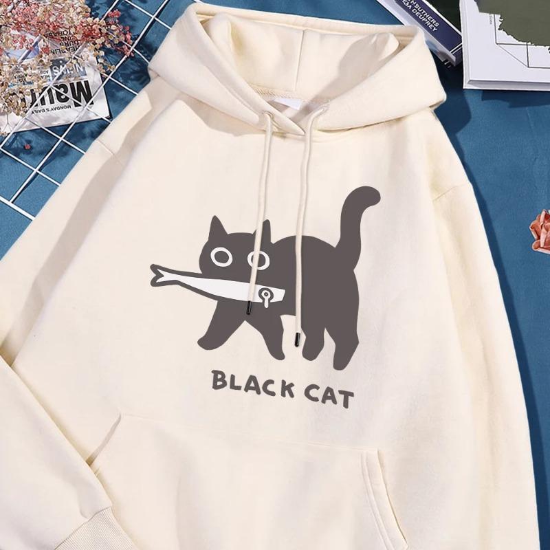 Веселая толстовка с капюшоном «Черный кот ест рыбу» для мужчин и женщин, модная толстовка Harajuku, свободная, свободного покроя, уличная одежда, флис, теплые толстовки и свитшоты для пар, унисекс