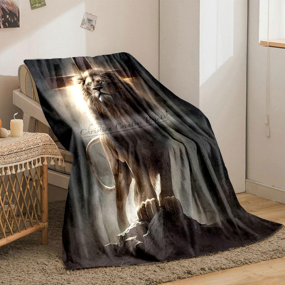 Lion Cross Religious Blanket Printed Blanket for Living Room Bed Couch lunch break Soft Cozy Blanket for Friend's festival Gift