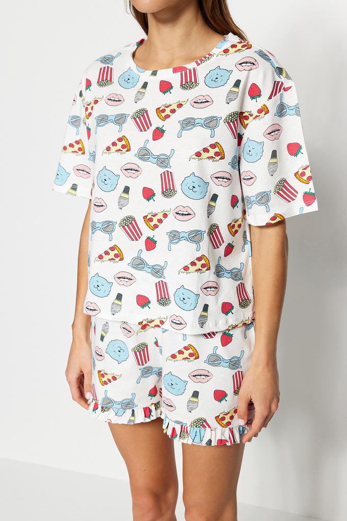 Women's Style Homewear Sleepwear White Multicolored 100% Cotton Fun Patterned Knitted Pajama Set