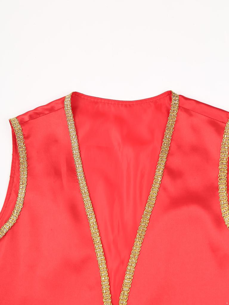 Мужской жилет с пятнами арабского принца на Хэллоуин, блестящая золотая отделка, открытый передний изогнутый жилет, индийские арабские костюмы для косплея