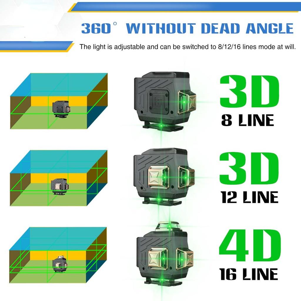 8/12/16 Line 4D Laser Level Adjustable Green Light Self-Leveling 360°Rotary Horizontal Vertical Cross Auto Measuring