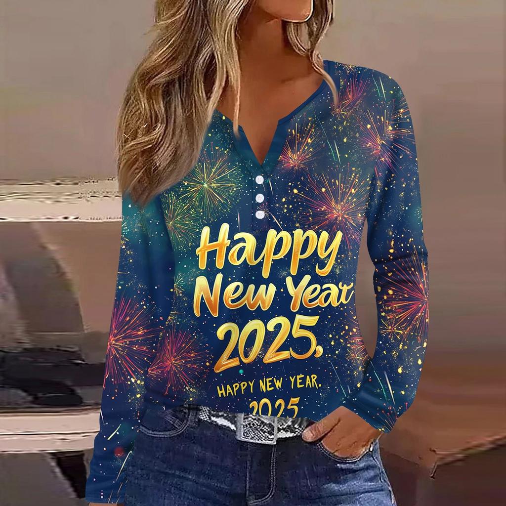 Жен. Футболка Футболка С принтом Пуговицы Длинный рукав Повседневные Выходные Мода Классический V-образный вырез Обычный Верх