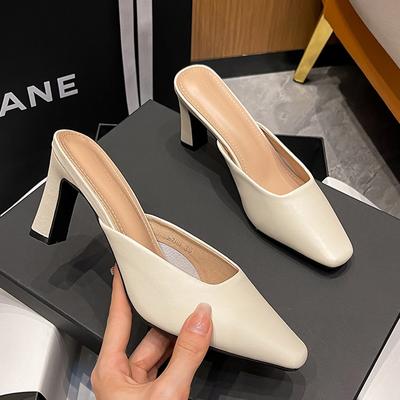 Модные туфли-мюли на высоком блочном каблуке 7 см, женские туфли-лодочки с острым носком на танкетке, шлепанцы, женские сандалии с открытой пяткой и ремешком, женские тапочки