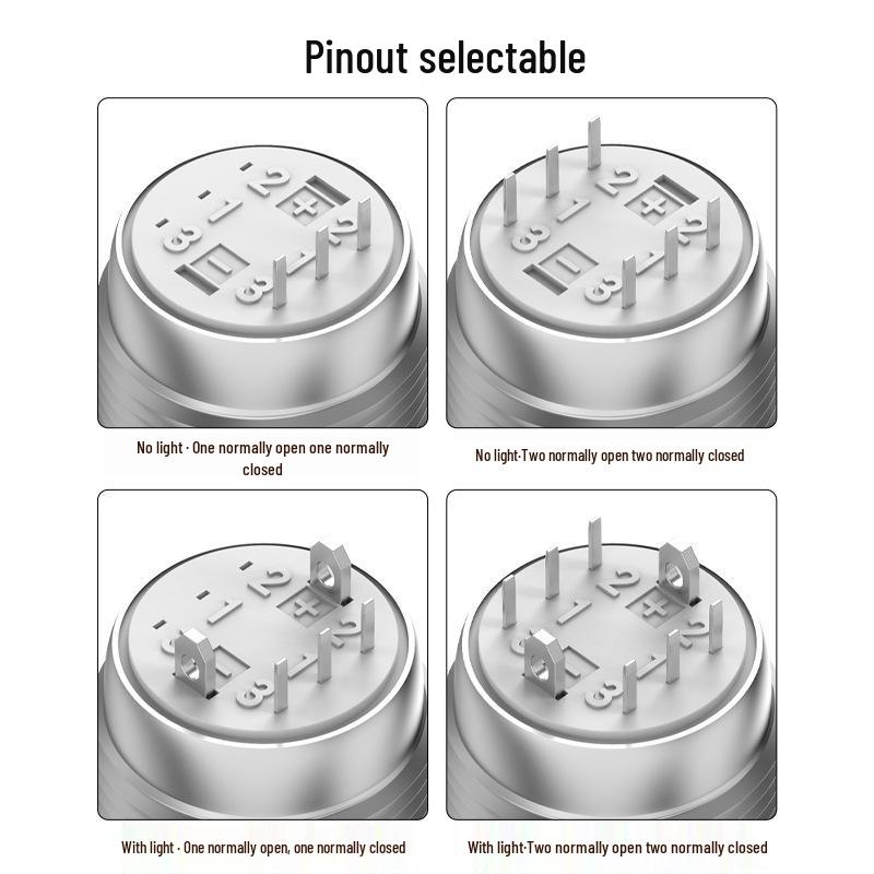 12mm Waterproof Metal Button Switch, 1NO1NC, 5-pin/8-pin, Self-locking, Reset, with Light