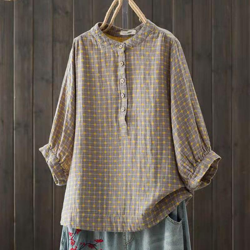 Весенняя хлопковая пряжа ретро рубашка женская стойка воротник принт блузка девушка короткий рукав повседневный модный топ лето