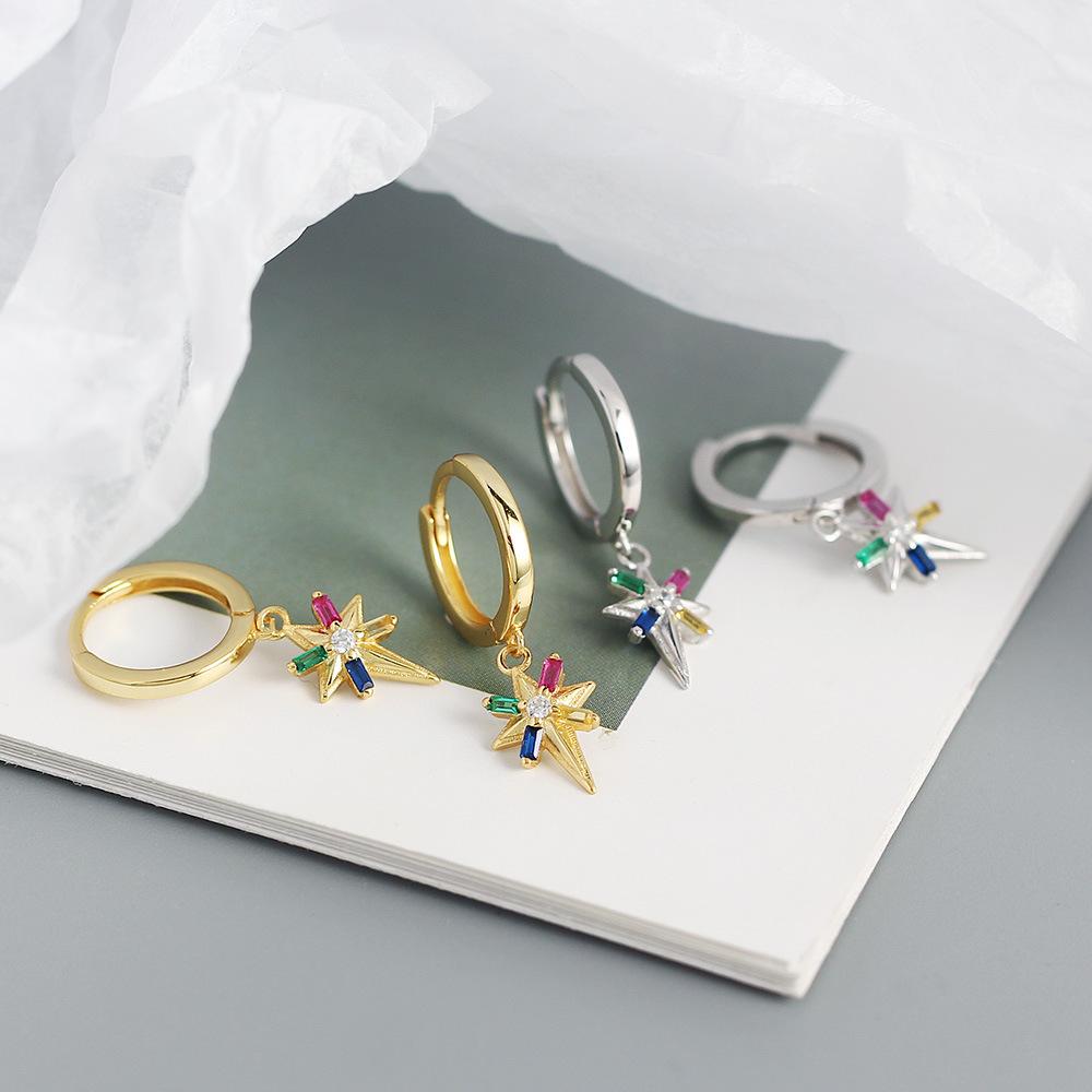 Женские серьги-кольца из серебра 925 пробы в стиле минимализма с восьмиконечной звездой и цветными бриллиантами, металлическая пряжка для ушей