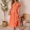 Summer new European and American off-shoulder orange dress with ruffled hem waist for slimming mid-length vacation dresses