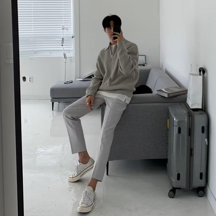 Мужской высококачественный повседневный свитер в японском стиле с полумолнией и лацканами на осень/зиму