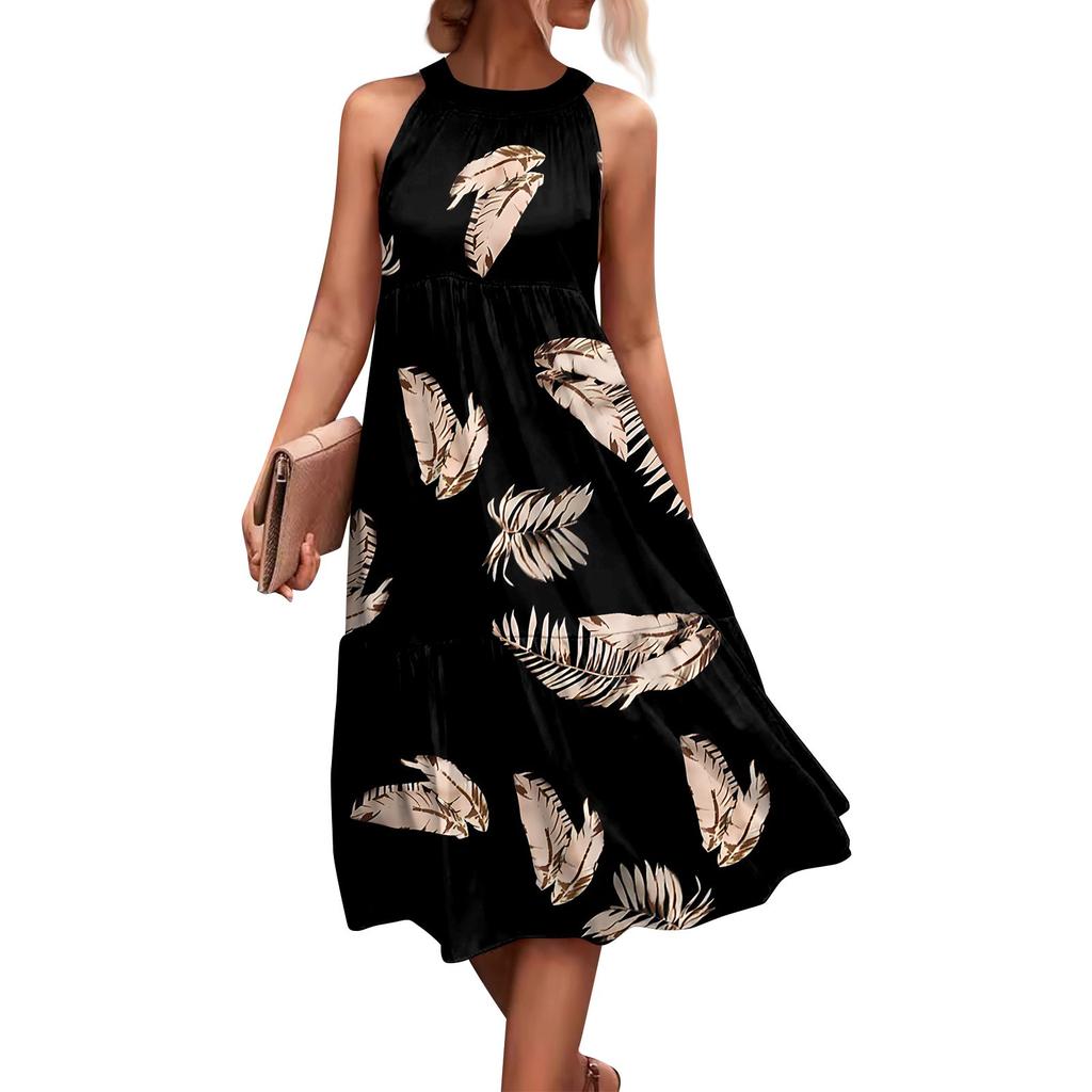 Women's Summer Sleeveless Solid Color Printed Loose Splicing Casual Hanging Neck Beach Dresses