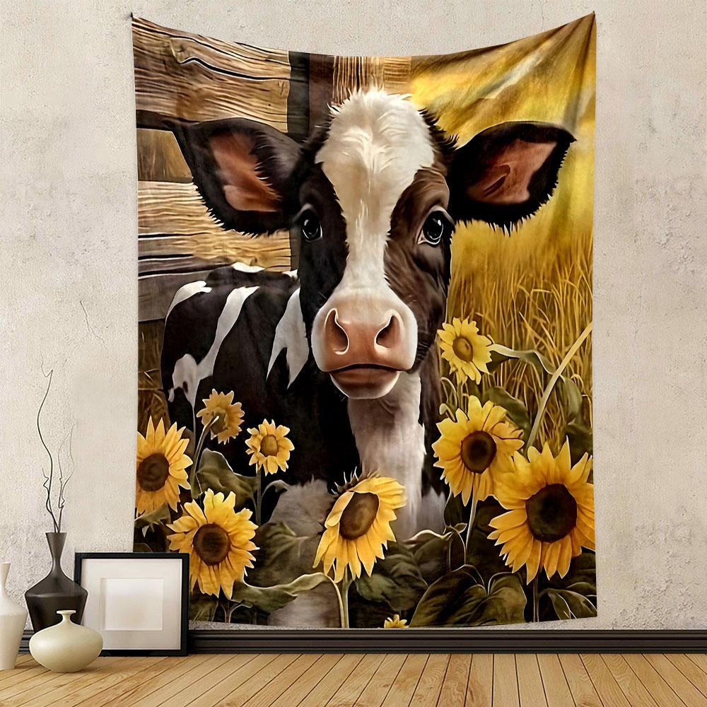 Cow and Sunflowers in Rustic Field Patterned Tapestry Decorative Wall Hanging, Home Bedroom Living Room Decor