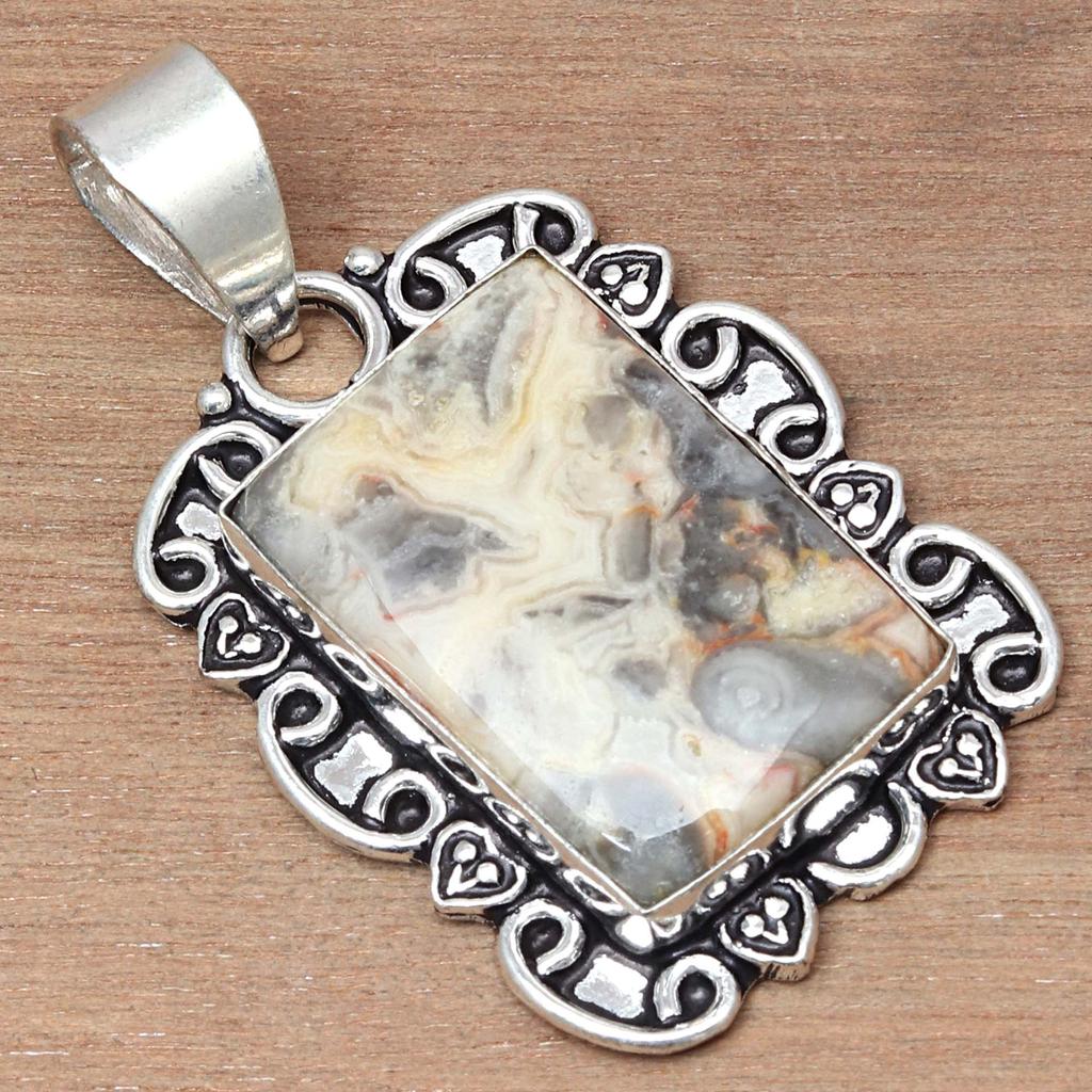 Подвеска Crazy Lace Agate Gemstone Valentine'Day Ethnic Silver Jewelry 2"