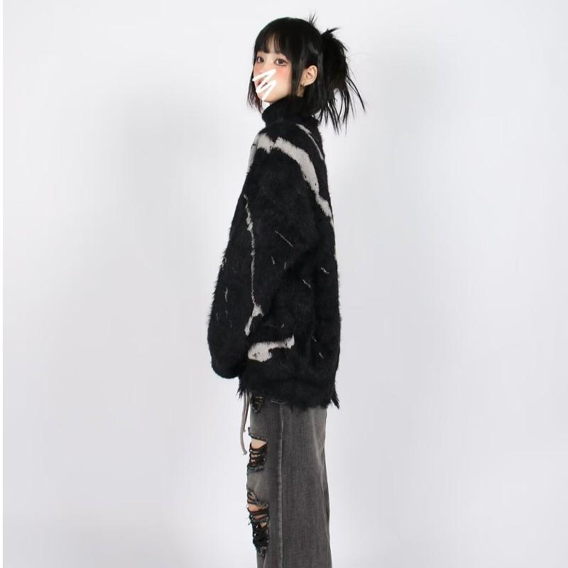 Fall Winter Color Block Knit Turtleneck Loose Mohair Sweater Lolita Style Womens Casual Top