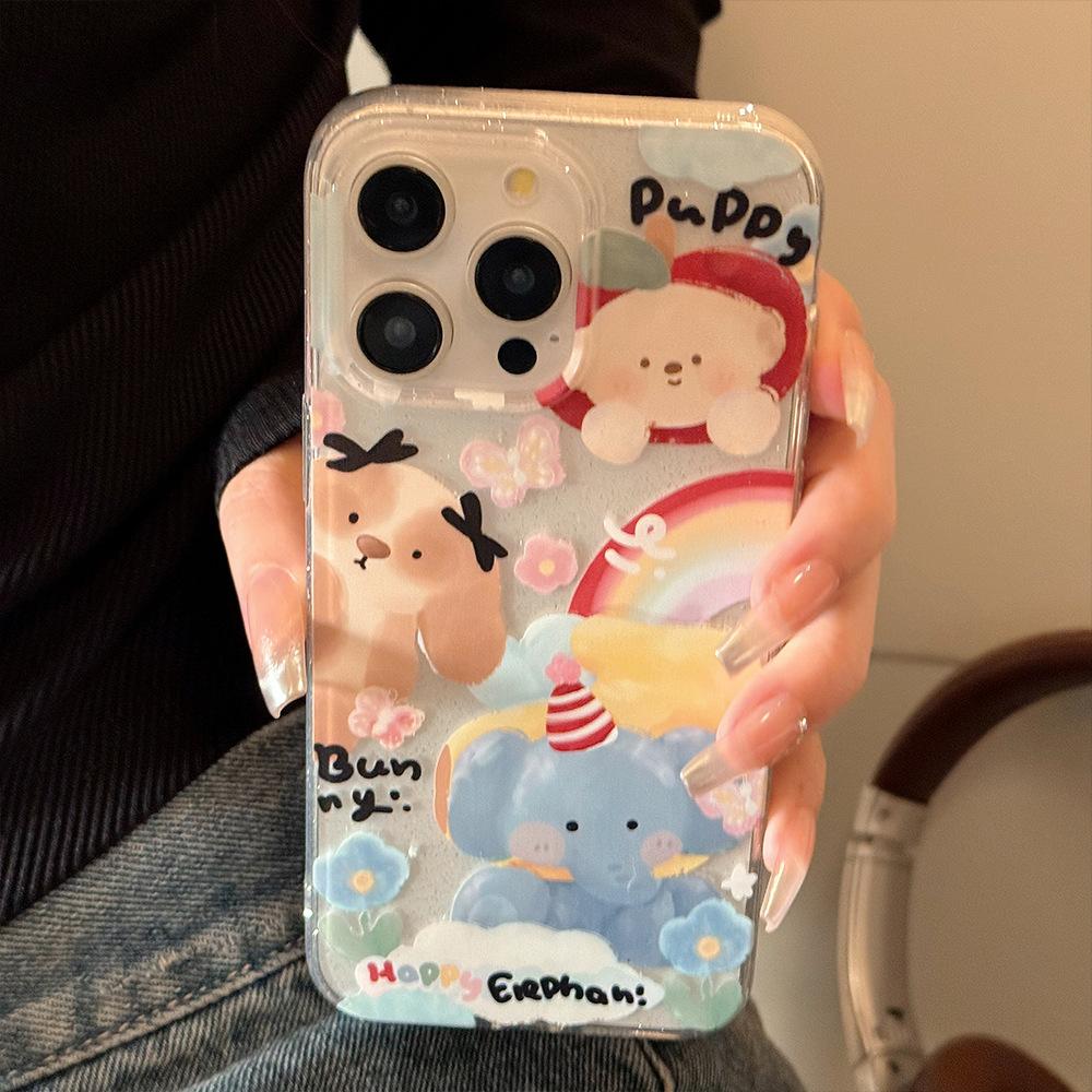 Cartoon Doodle Elephant Stand Apple 16 Mobile Phone Case 14 Glitter Powder Iphone15promax Suitable for 11 Original 12
