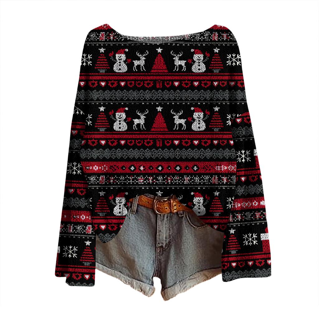 Women's Christmas Print Lightweight Sweater Casual Long Sleeve Knitted Pullover