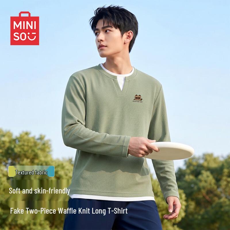 MINISO Men's Waffle Knit V-Neck Long Sleeve Mock Layer T-Shirt