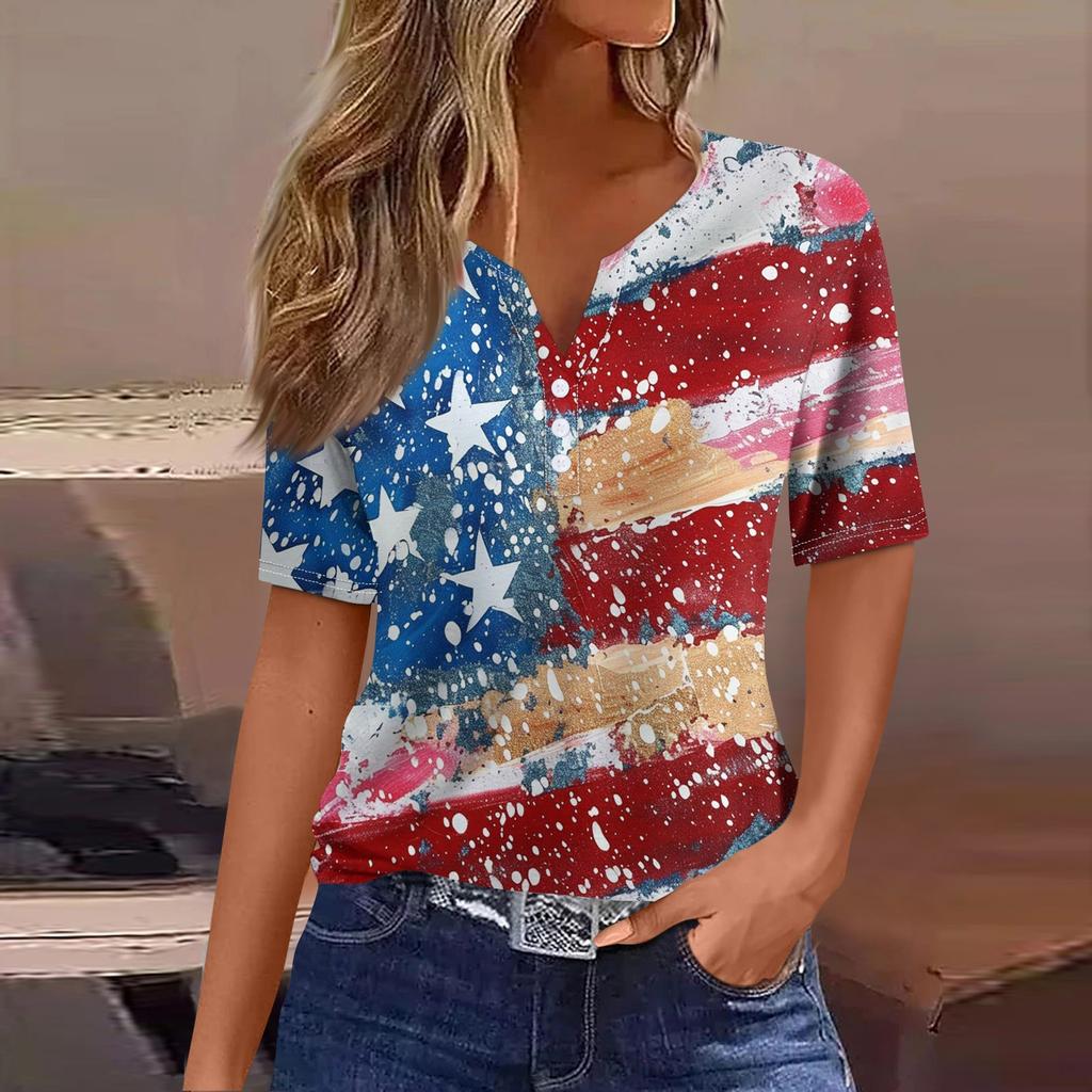 Жен. Футболка Футболка День независимости С принтом Пуговицы С короткими рукавами Повседневные Выходные Мода Классический Классический V-образный вырез Обычный Топ