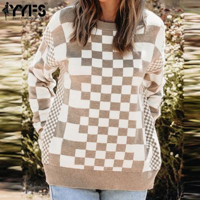 Женская мода повседневная весна-осень клетчатый принт с длинным рукавом и круглым вырезом блузки и рубашки