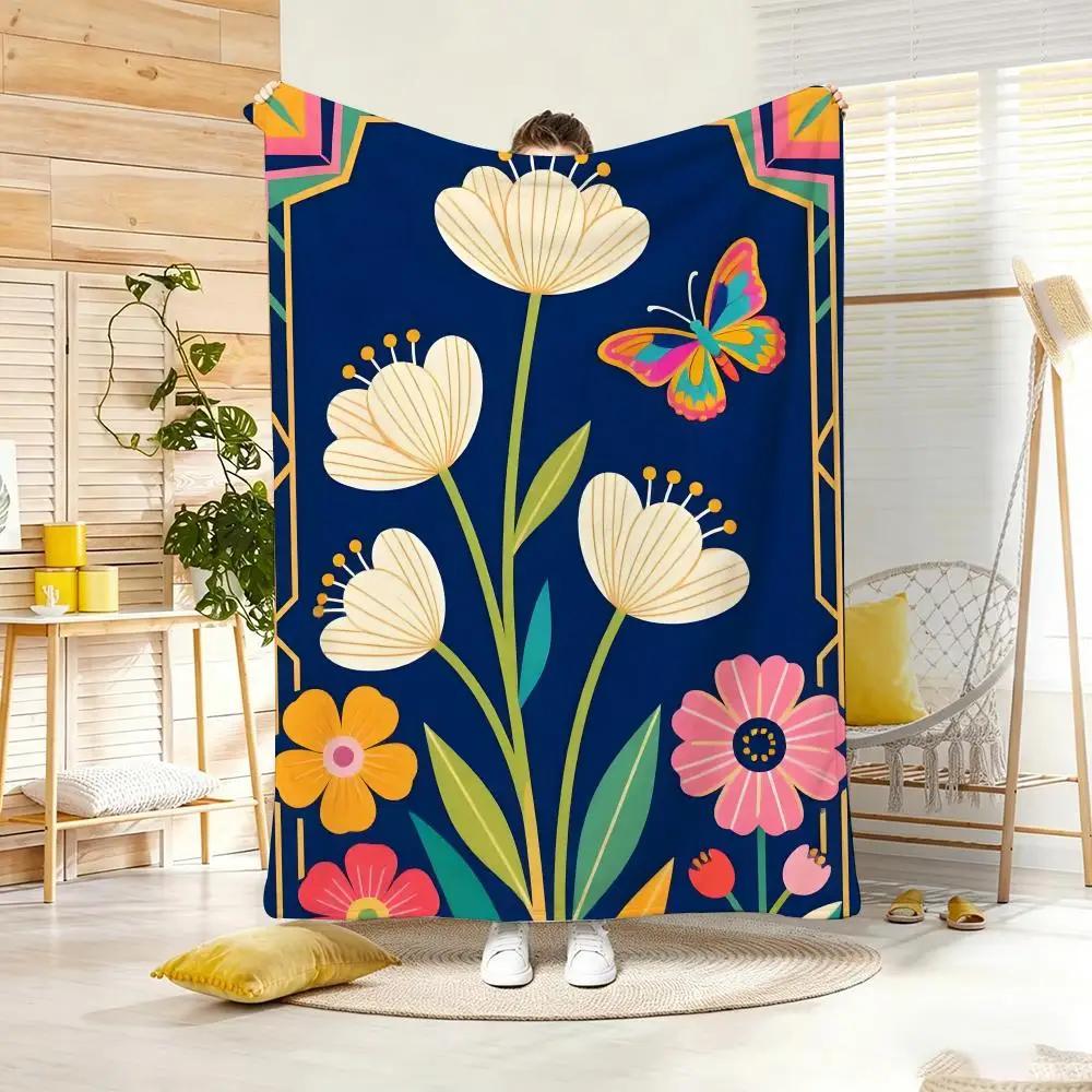 Vintage Boho flowers art Throw Lightweight Flannel Blanket Soft Skin-friendly for Summer Cooling